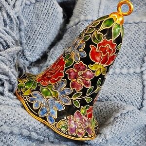 #Vintage Cloisonné 4" Floral Bell w/ Clapper Gold-Tone Multicolor Enamel